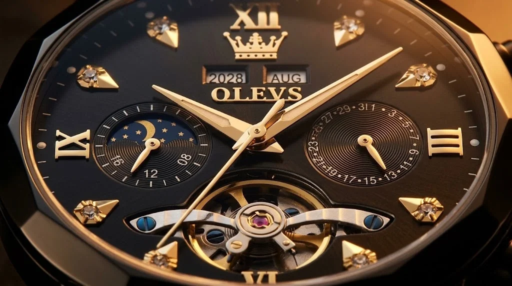 Illustrative render — the complications of the OLEVS Moon Phase Dress Watch