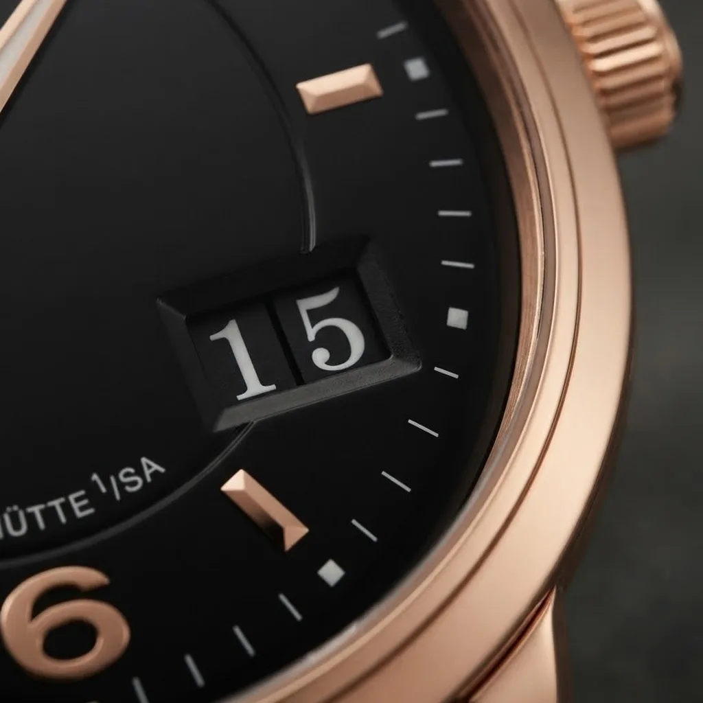 Illustrative render — centre time, panorama date of the Glashütte Original PanoMaticCentral XL (18k rose gold, black dial, alligator strap)