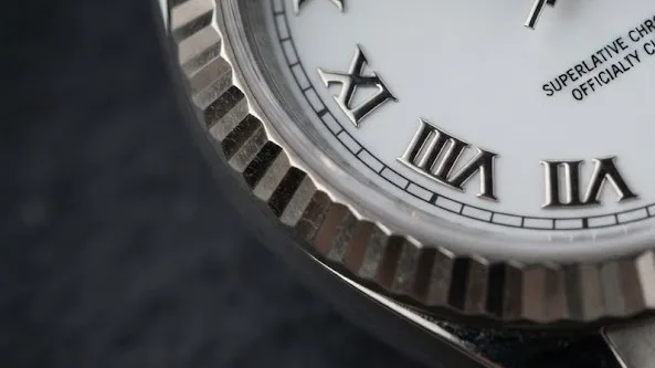Illustrative render — papers change the price of the Rolex Lady-Datejust 26 ref. 79174 (steel, white gold fluted bezel, white Roman dial, Jubilee bracelet, box and papers, pre-owned)