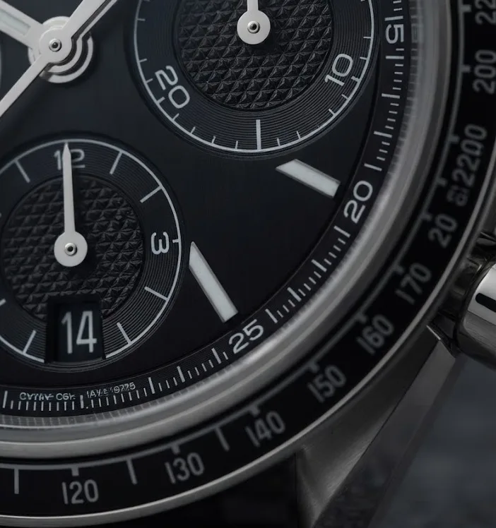 Illustrative render — racing, not moonwatch of the Omega Speedmaster Racing Co-Axial Chronograph 40mm (steel, black dial, bracelet)