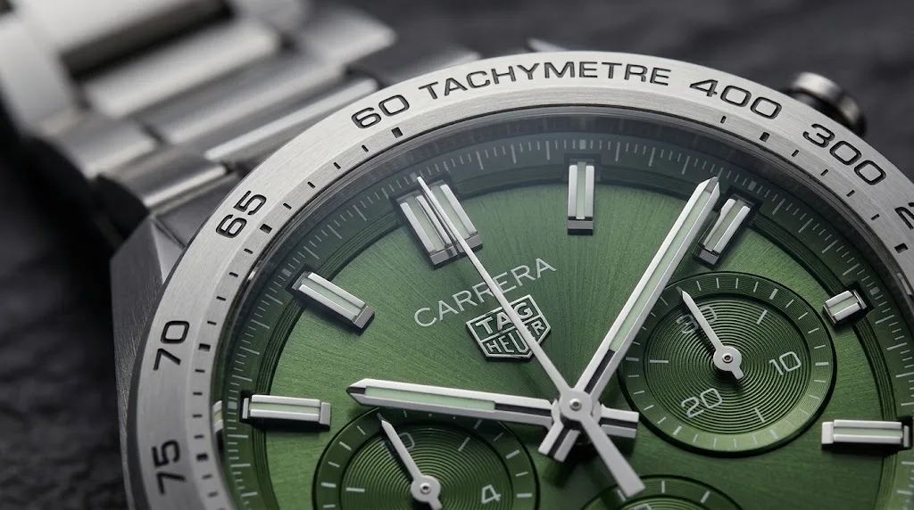 Illustrative render — the heuer 02, and the green of the TAG Heuer Carrera Chronograph 44mm CBN2A10.BA0643 (steel, green dial, steel bracelet, Calibre Heuer 02)