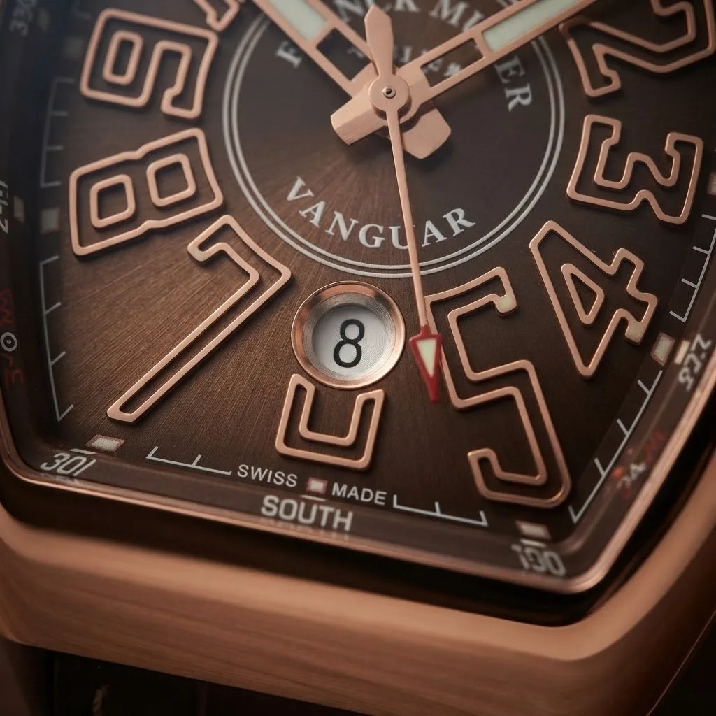 Illustrative render — twelve numerals and a barrel of the Franck Muller Vanguard V 45 SC DT (rose gold, brown compass dial, brown alligator strap)
