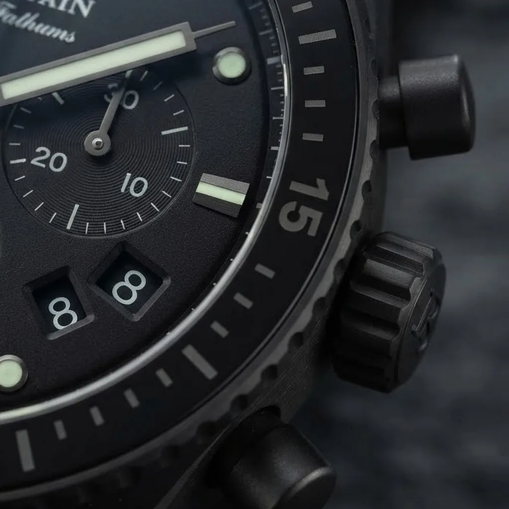 Illustrative render — flyback, column wheel, vertical clutch of the Blancpain Fifty Fathoms Bathyscaphe Chronographe Flyback 5200-0130-B52A (black ceramic, sail-canvas strap)