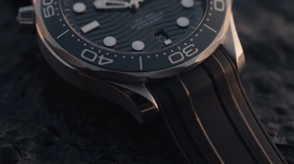 Illustrative render — the 2018 seamaster, on the strap of the Omega Seamaster Diver 300M Co-Axial Master Chronometer 42mm 210.32.42.20.01.001 (steel, black ceramic dial, black rubber strap)