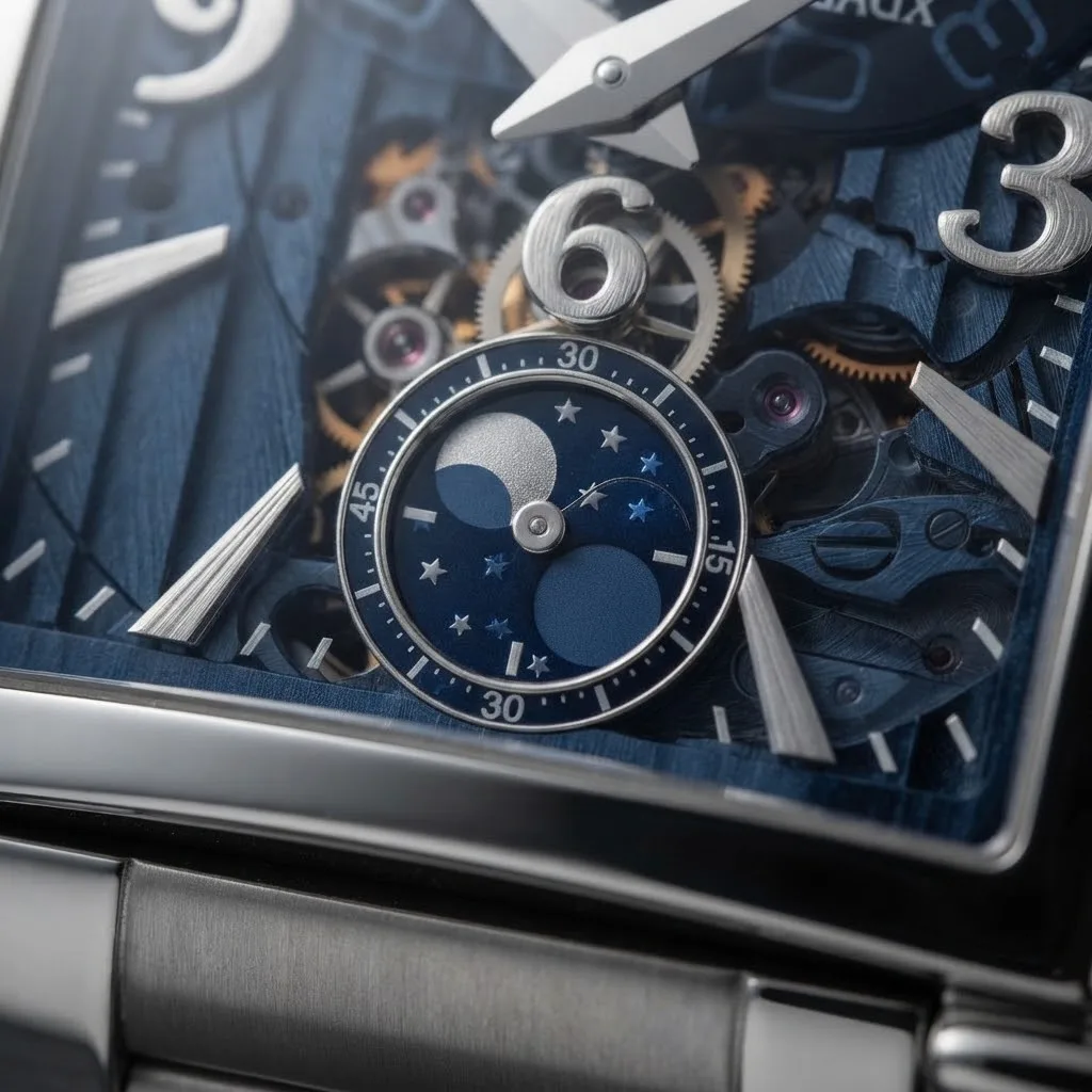 Illustrative render — the 1945 case of the Girard-Perregaux Vintage 1945 XXL Large Date Moon Phases skeleton 25882-11-421 (steel, blue openworked dial, bracelet)