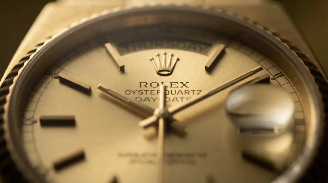 Illustrative render — rolex’s own quartz of the Rolex Oysterquartz Day-Date 19018 (18k yellow gold)