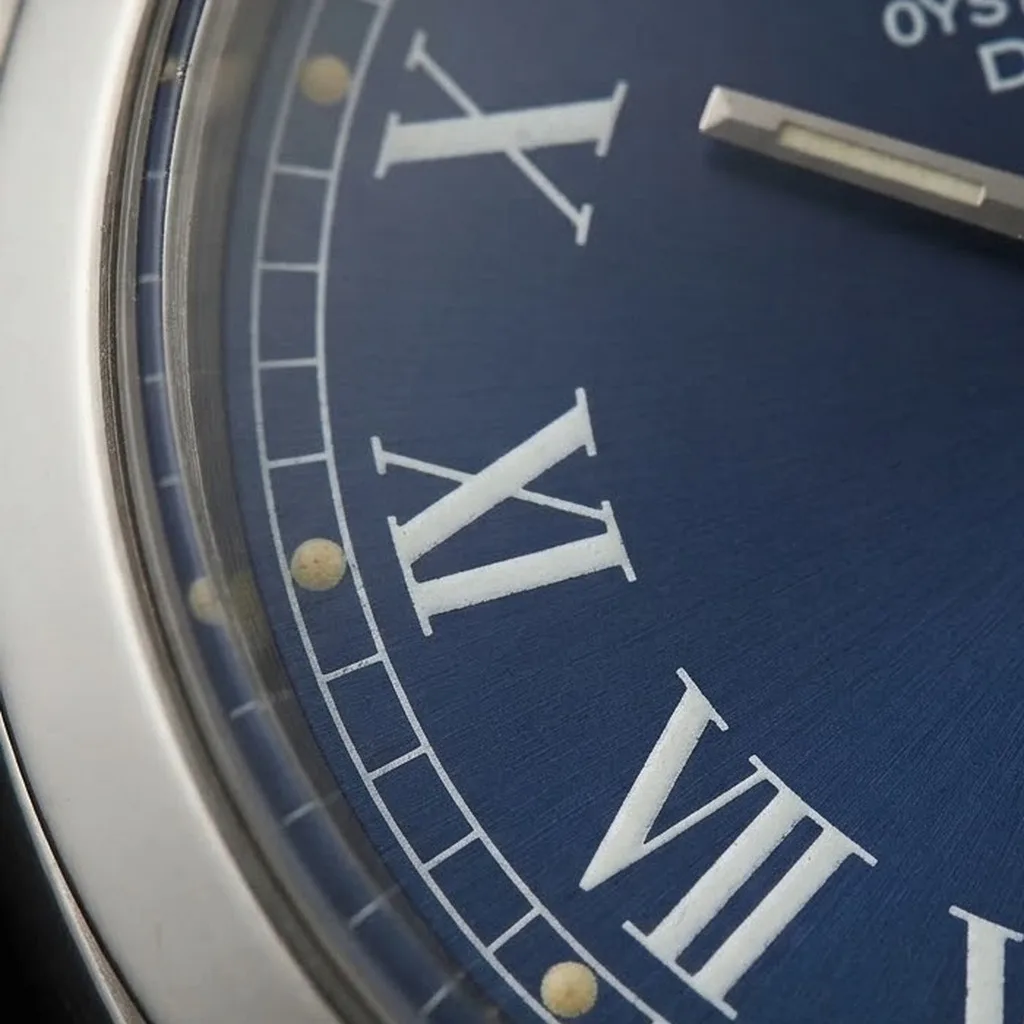 Illustrative render — what a buckley dial is of the Rolex Datejust 1600 (steel, smooth bezel, blue Buckley dial, about 1971, box)