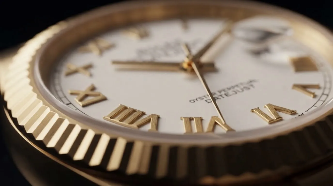Illustrative render — the mid-size of the Rolex Datejust 31 68278 (18k yellow gold, white Roman dial)