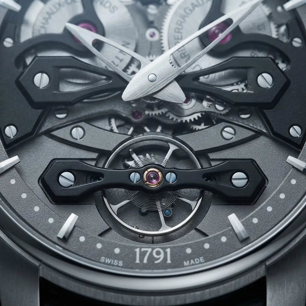Illustrative render — the bridges of the Girard-Perregaux Neo Bridges (titanium, black bridges, alligator strap)