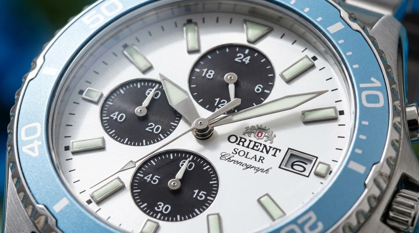 Illustrative render — solar chronograph of the Orient Mako Solar Panda