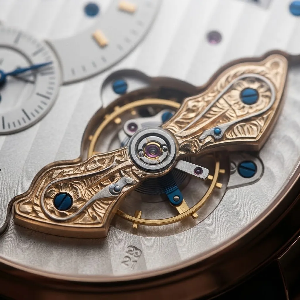Illustrative render — glashütte, and the inverted movement of the Glashutte Original PanoMaticInverse 91-02-01-05-30 (18k red gold, pre-owned)