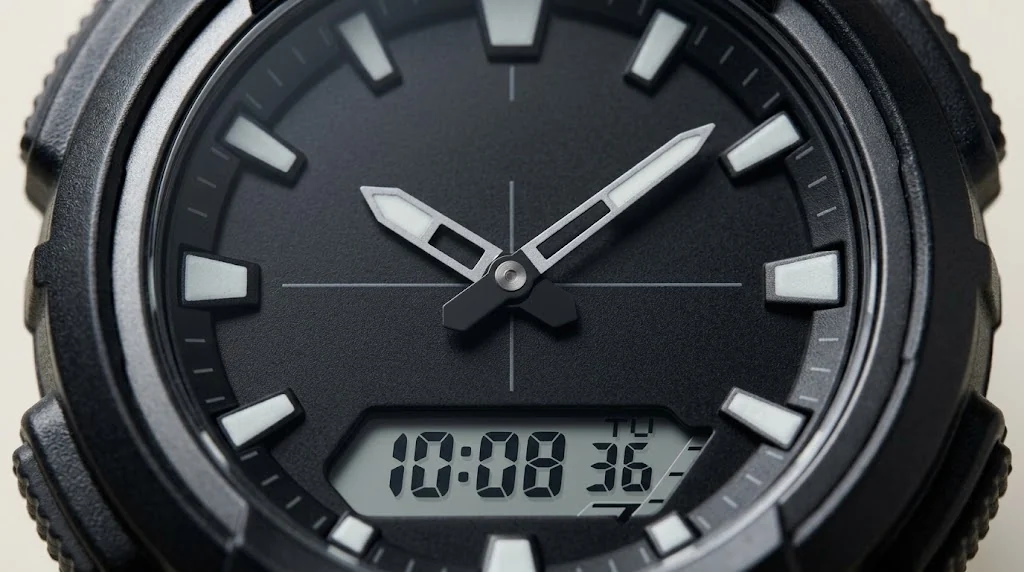 Illustrative render — wider, thinner, plainer of the Casio AQ-S820W Solar