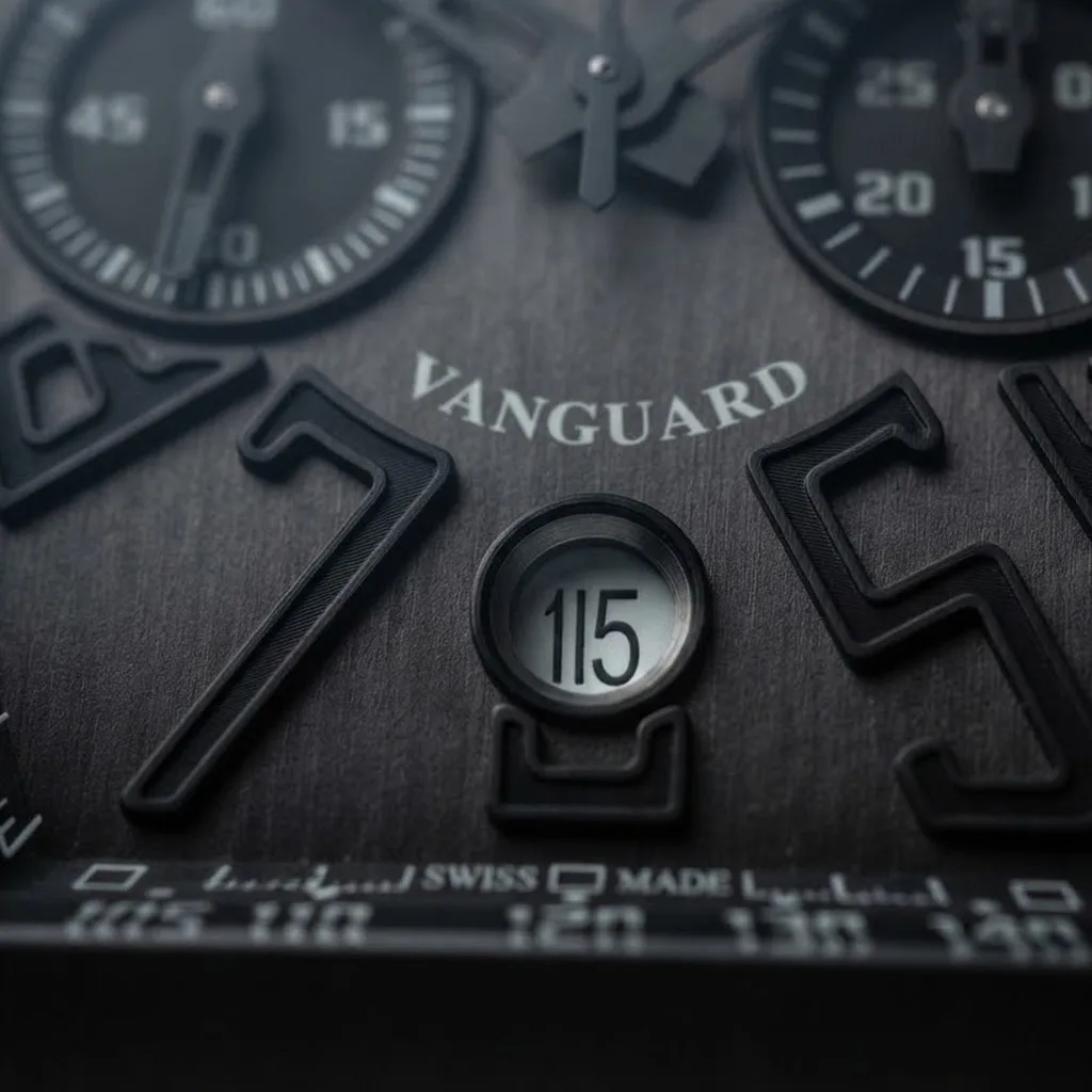 Illustrative render — titanium under the black of the Franck Muller Vanguard V 45 CC DT chronograph (black titanium, grey dial, black alligator strap)