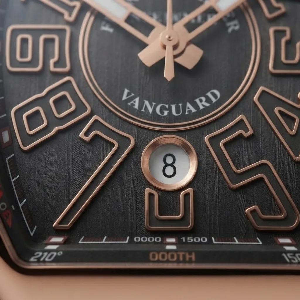 Illustrative render — why gold and titanium together of the Franck Muller Vanguard V 45 SC DT 5N TT (18k rose gold with titanium trim, grey dial, grey strap)