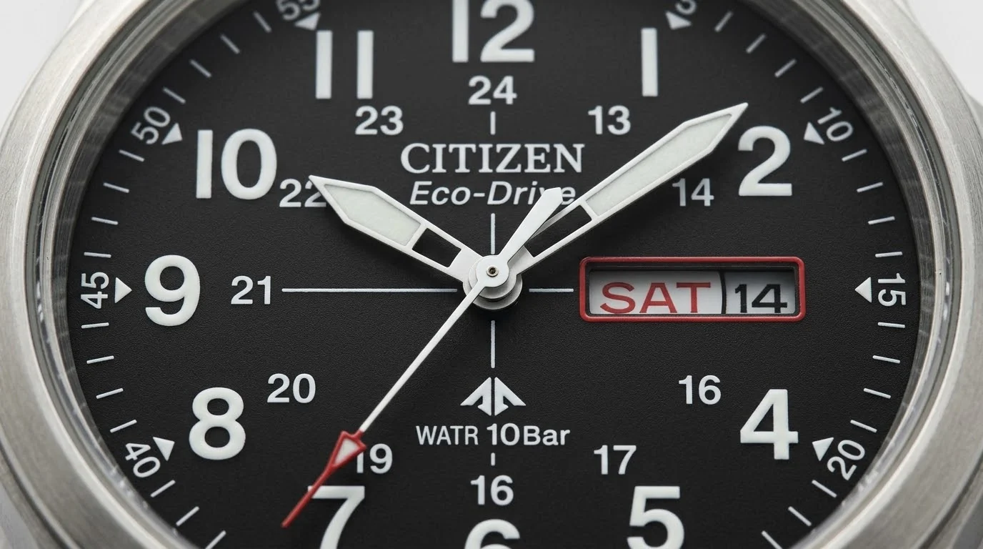 Illustrative render — thirty-seven millimetres of the Citizen Eco-Drive Weekender Garrison