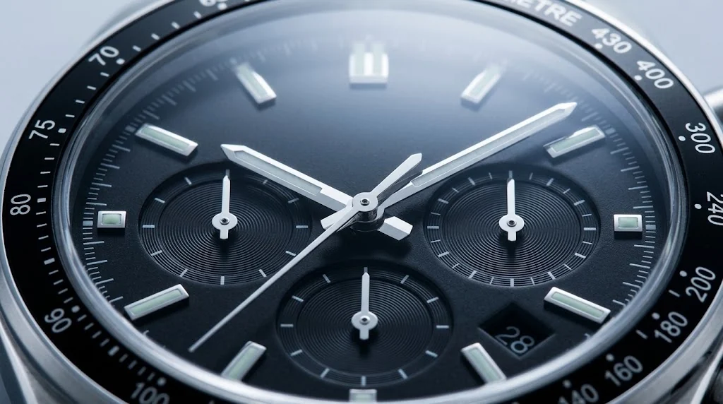 Illustrative render — the tachymeter of the Citizen Eco-Drive Weekender Chronograph