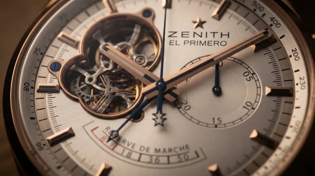 Illustrative render — five beats a second of the Zenith Chronomaster El Primero Open Power Reserve (18k rose gold)