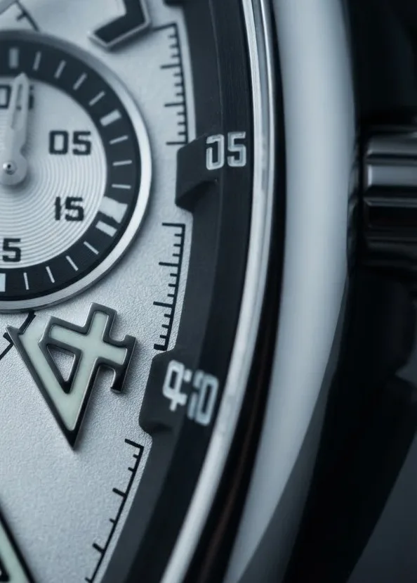 Illustrative render — racing without the colour of the Franck Muller Vanguard Racing V 45 CC DT chronograph (steel, white dial, black flange, black leather-insert rubber strap)
