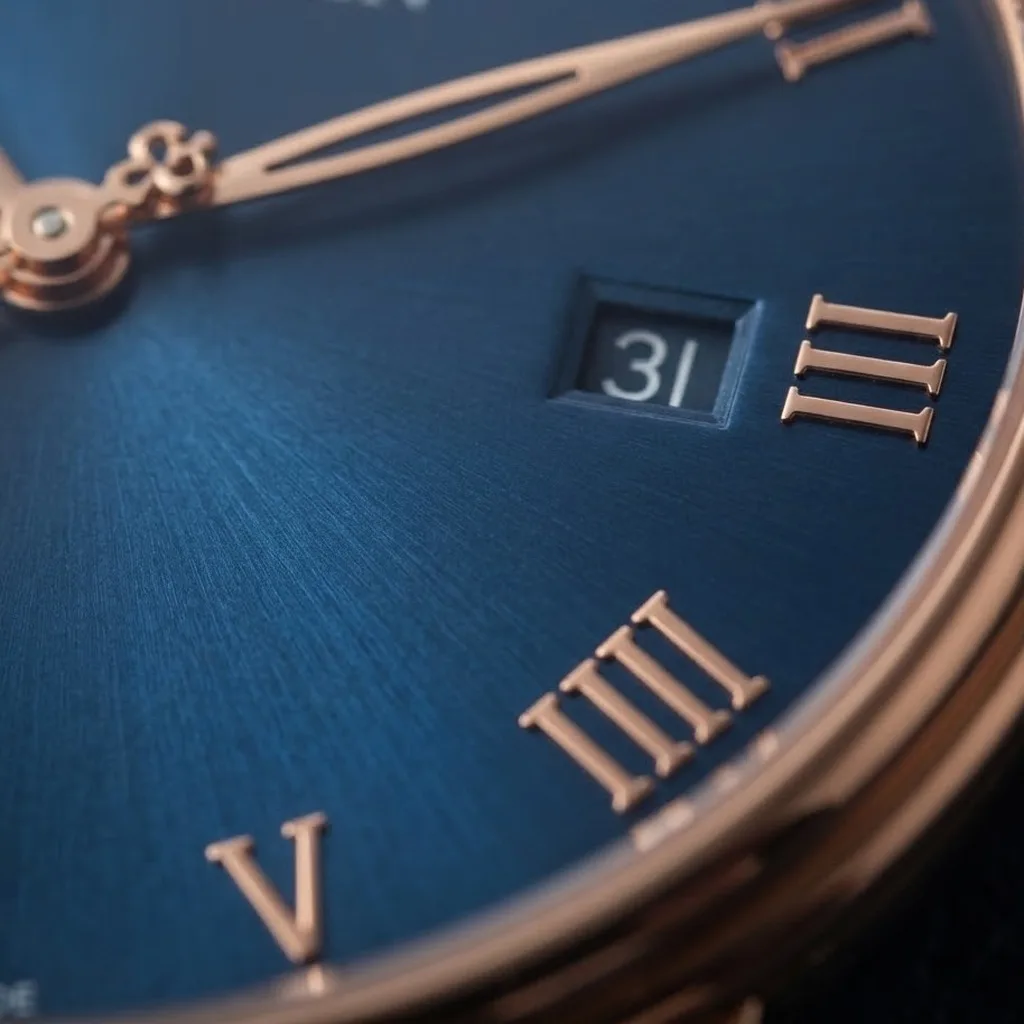 Illustrative render — the double-stepped bezel of the Blancpain Villeret Ultraplate 6651-3640-55B (18k red gold, blue dial, blue alligator strap)