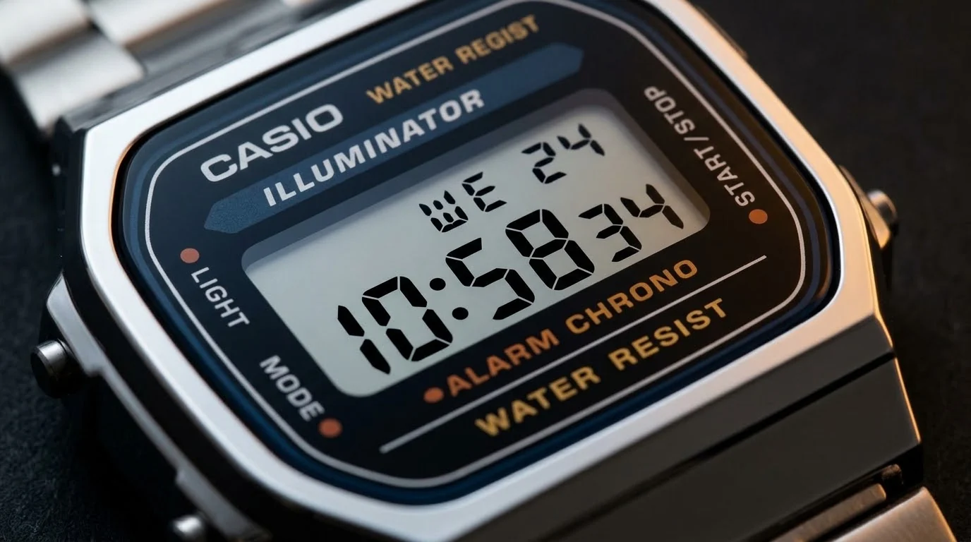 Illustrative render — amber on black of the Casio Vintage A168WA