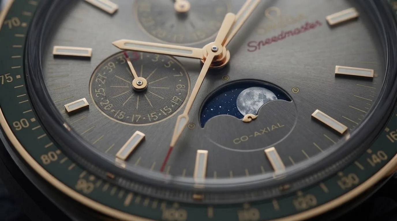 Illustrative render — grey, green and gold of the Omega Speedmaster Moonphase Co-Axial Master Chronometer Chronograph 44.25mm 304.23.44.52.06.001 (steel and yellow gold, grey dial, grey alligator strap)