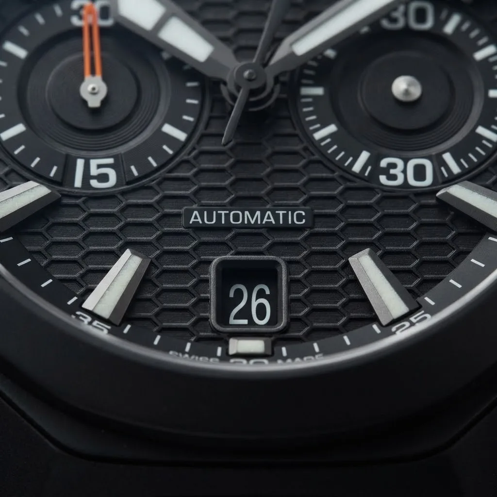 Illustrative render — ceramic, and the honeycomb dial of the Girard-Perregaux Chrono Hawk 49970-32-631-FK6A (black ceramic, black honeycomb dial, rubber strap)