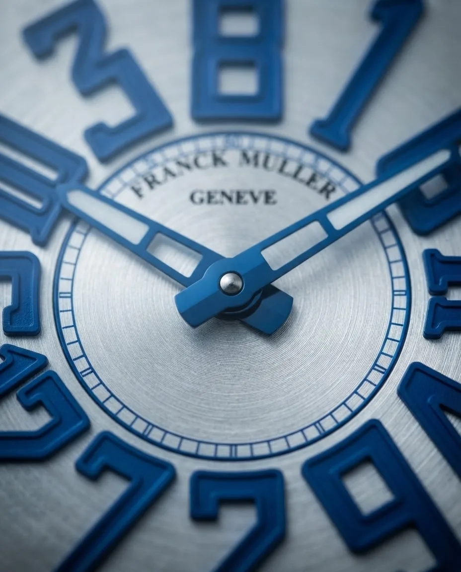 Illustrative render — how a jumping hour hand works of the Franck Muller Vanguard Crazy Hours V 45 CH BR (BL) (brushed steel, blue numerals, black alligator strap with blue stitching)