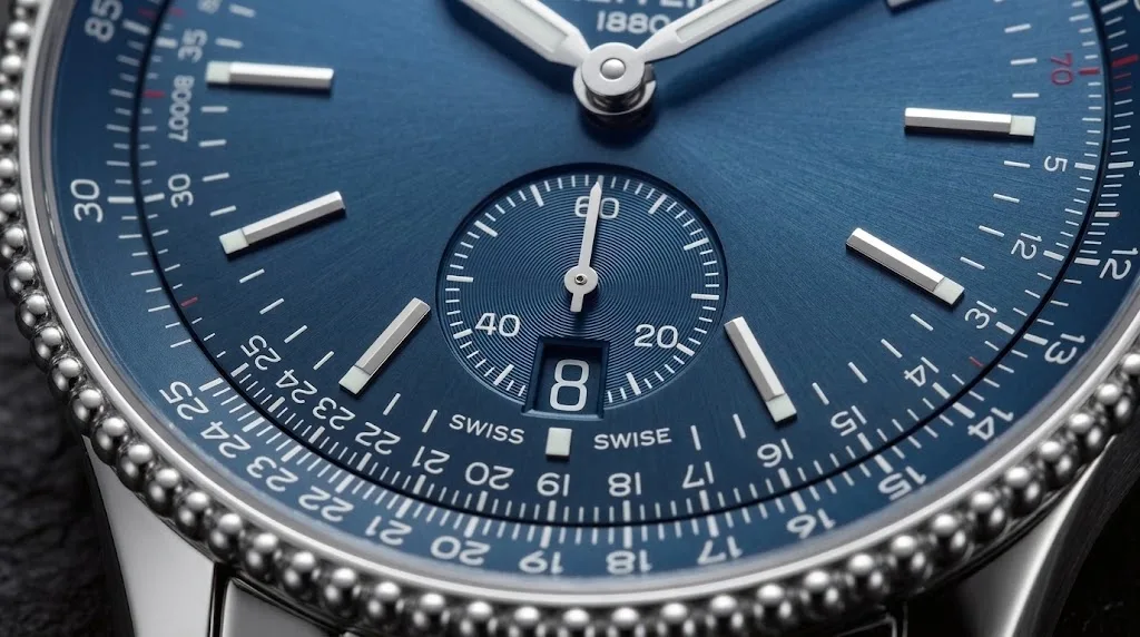 Illustrative render — the navitimer without the chronograph of the Breitling Navitimer Automatic 35 A17395161C1A1 (steel, blue dial, steel bracelet)