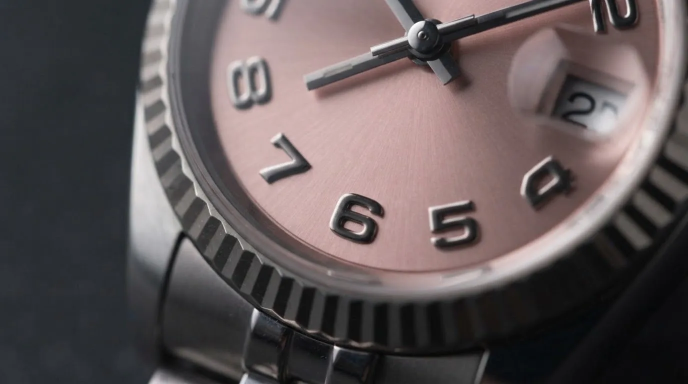 Illustrative render — pink, and why it sells of the Rolex Lady-Datejust 26 ref. 79174 (steel, white gold fluted bezel, pink dial with Arabic numerals, Jubilee bracelet, pre-owned)