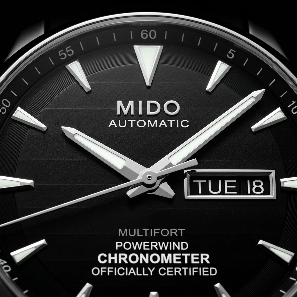 Mido Multifort M040 black dial macro with COSC text