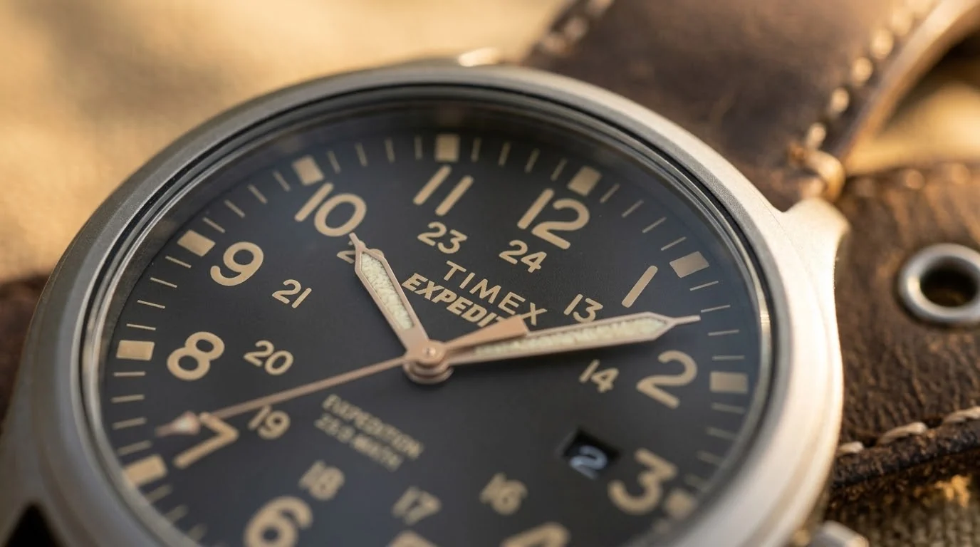 Illustrative render — field-watch grammar of the Timex Expedition Metal Field "Scout"