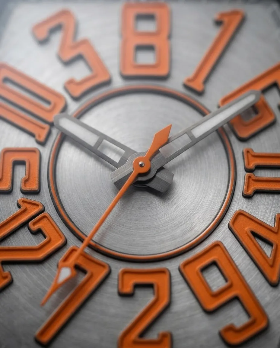 Illustrative render — how a jumping hour hand works of the Franck Muller Vanguard Crazy Hours V 45 CH BR (orange) (brushed steel, orange numerals, black alligator strap with orange stitching)