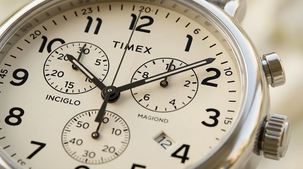 Illustrative render — indiglo, night-mode of the Timex Weekender Chronograph