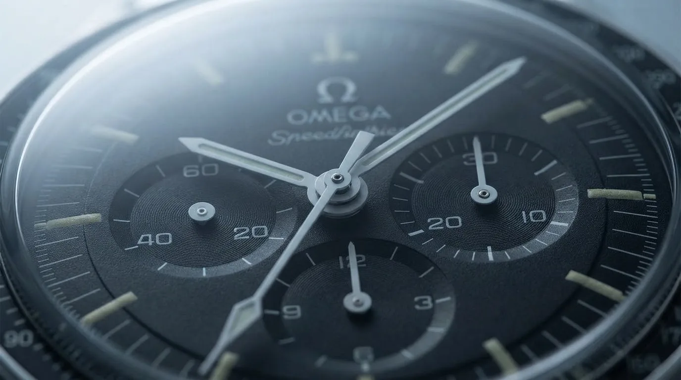 Illustrative render — the 2014 to 2021 watch of the Omega Speedmaster Moonwatch Professional 42mm 311.30.42.30.01.005 (calibre 1861, hesalite, steel bracelet)