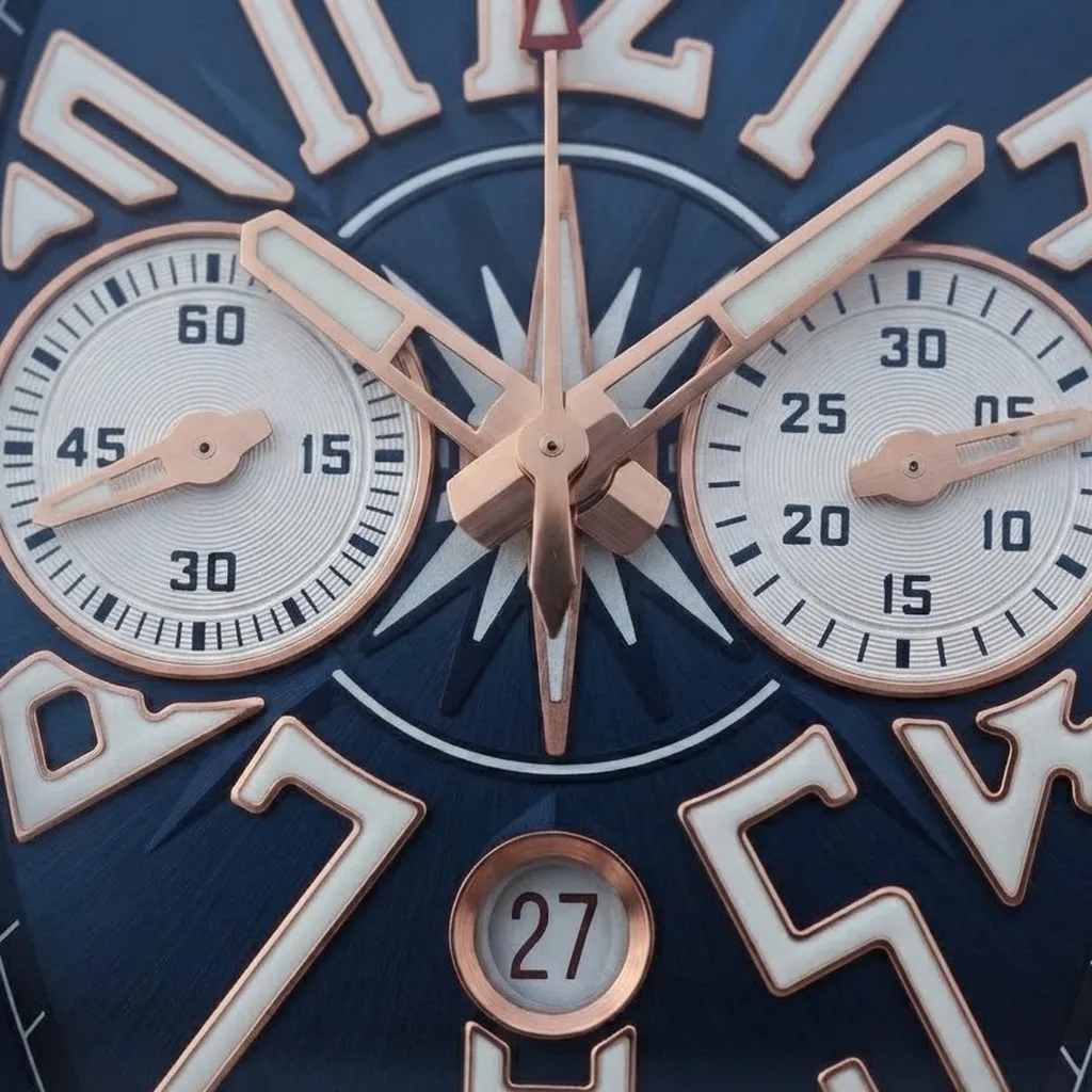 Illustrative render — the yachting dial of the Franck Muller Vanguard Yachting V 45 CC DT chronograph (18k rose gold, blue compass dial, blue rubber strap)