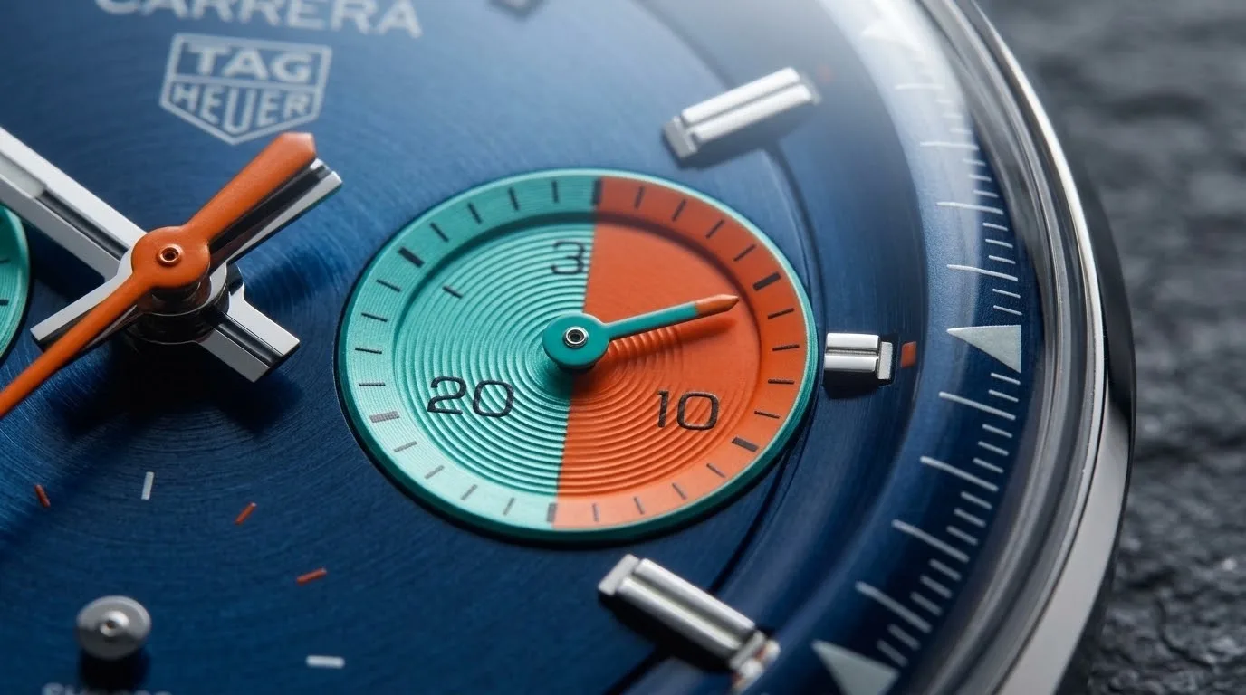 Illustrative render — a regatta counter on a carrera of the TAG Heuer Carrera Chronograph Skipper 39mm CBS2213.FN6002 (steel, blue dial with teal and orange counters, blue strap)