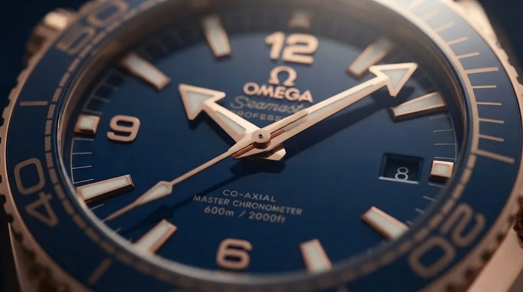 Illustrative render — master chronometer of the Omega Seamaster Planet Ocean 600M 43.5mm (Sedna gold, blue ceramic)
