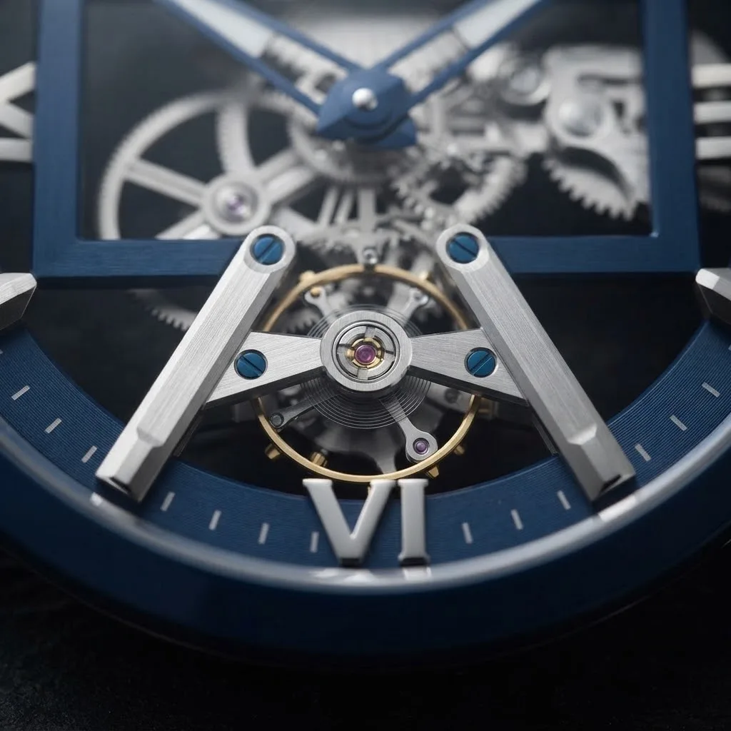 Illustrative render — why it is hand-wound of the Ulysse Nardin Executive Skeleton X 3713-260-3/03 (titanium, blue bezel, blue rubber strap)
