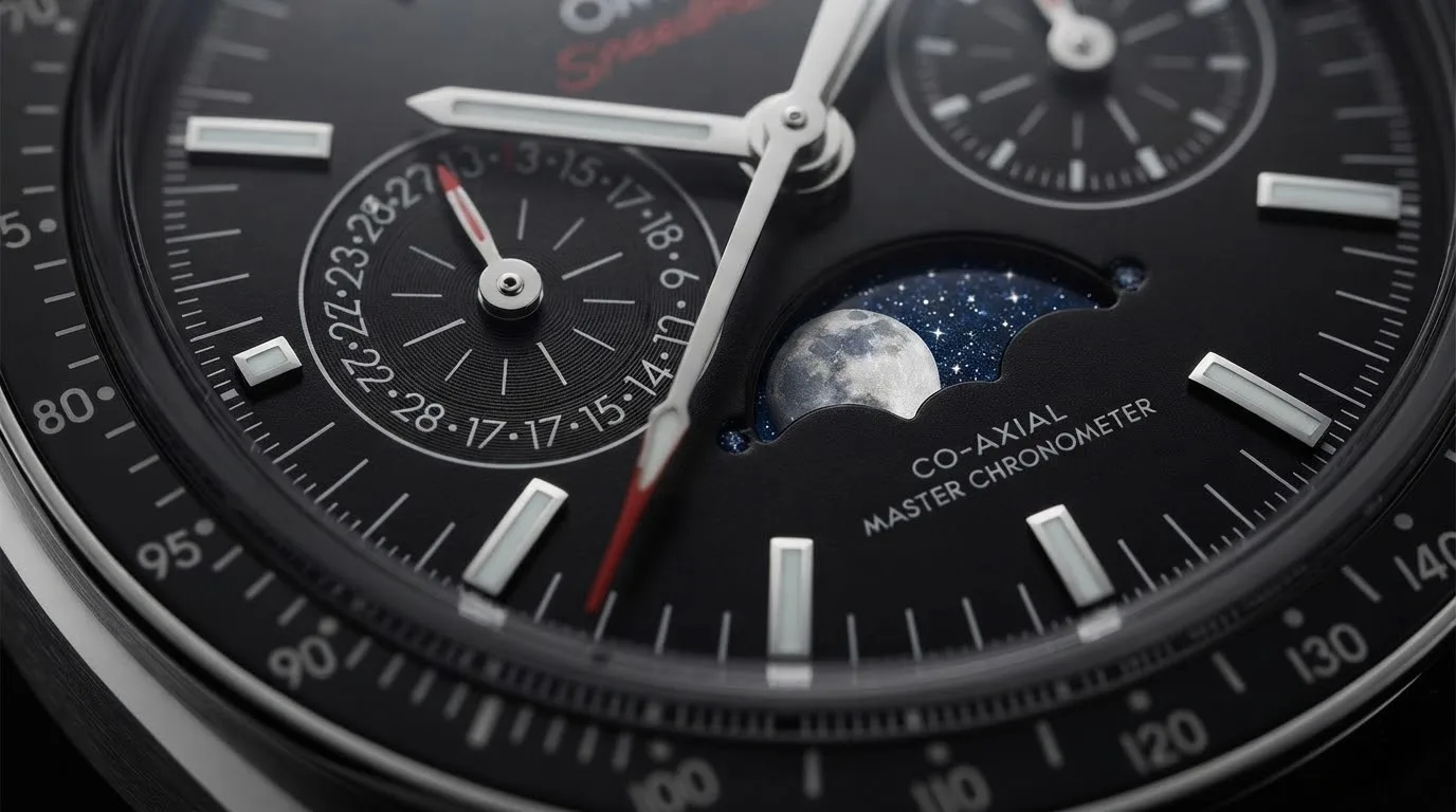 Illustrative render — moonphase, not moonwatch of the Omega Speedmaster Moonphase Co-Axial Master Chronometer Chronograph 44.25mm 304.33.44.52.01.001 (steel, black dial, black alligator strap)