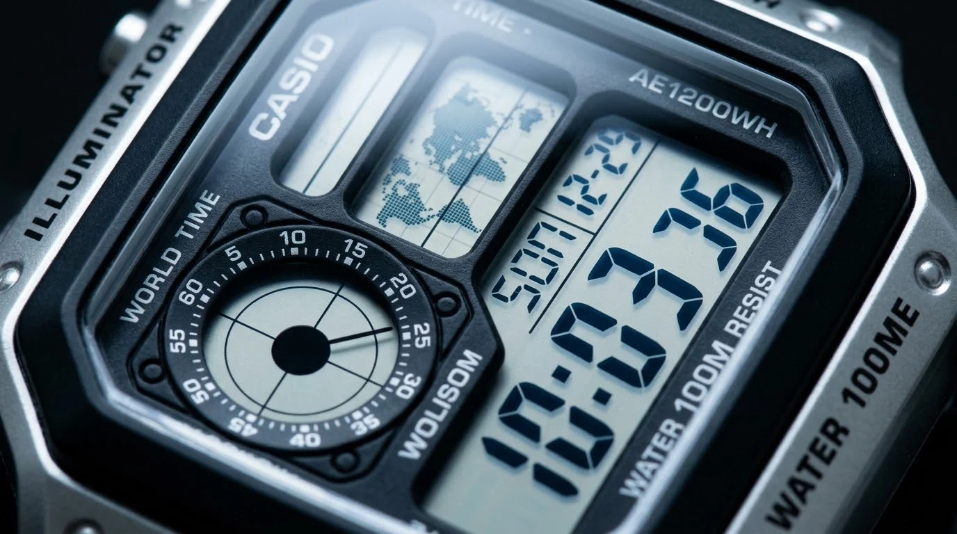Illustrative render — the map on the screen of the Casio AE1200 World Time "Casio Royale"