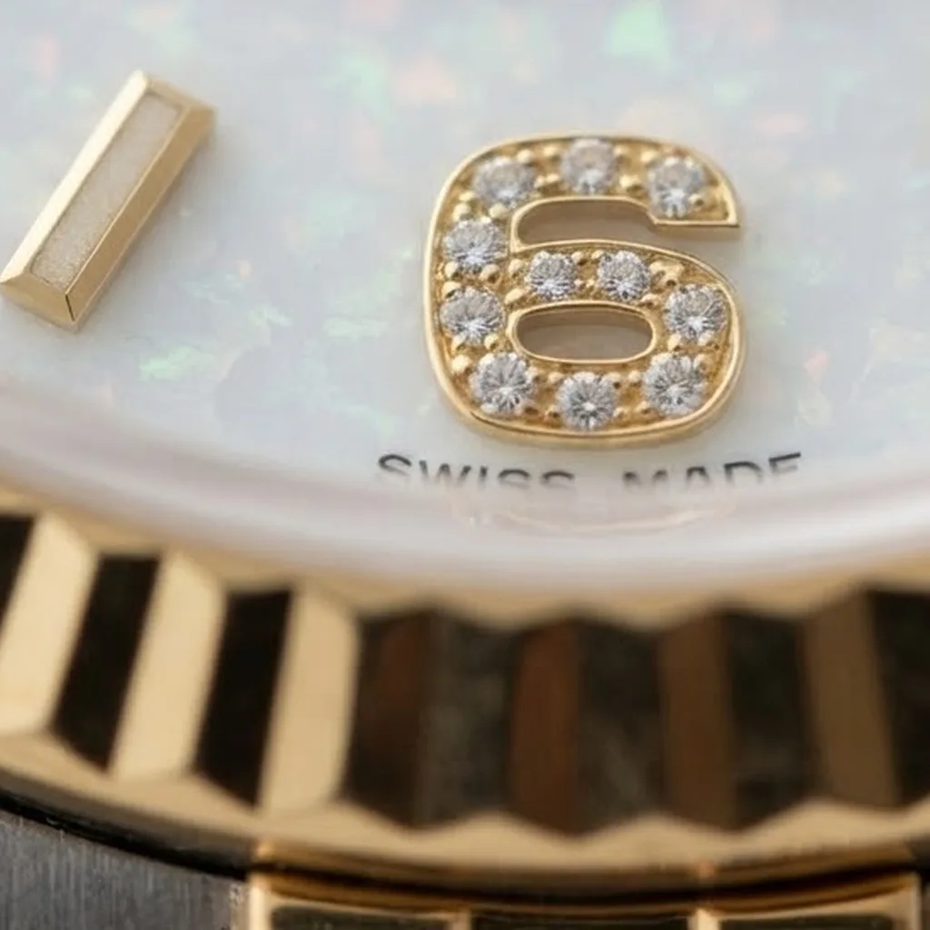 Illustrative render — what a cacholong dial is of the Rolex Lady-Datejust 26 79173 (two-tone, cacholong dial with diamond 6 and 9, box and papers)