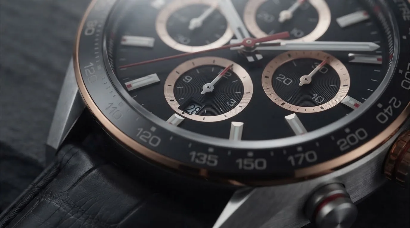 Illustrative render — where the gold is of the TAG Heuer Carrera Chronograph 44mm CBN2A5A.FC6481 (steel and 18k rose gold, black dial, black alligator strap, TH20-00)