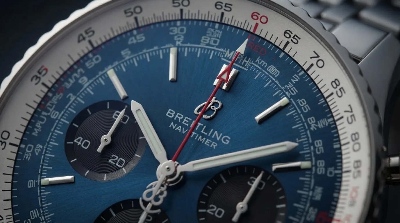 Illustrative render — the slide rule, and the 01 of the Breitling Navitimer B01 Chronograph 43 AB0121211C1A1 (steel, blue dial, steel bracelet)