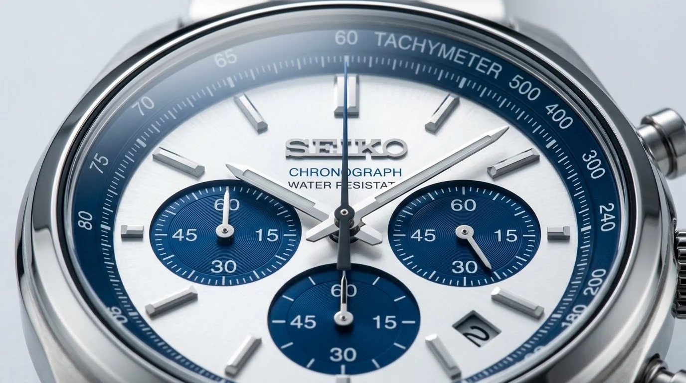 Illustrative render — the panda look of the Seiko Chronograph SSB427 "Blue Panda"