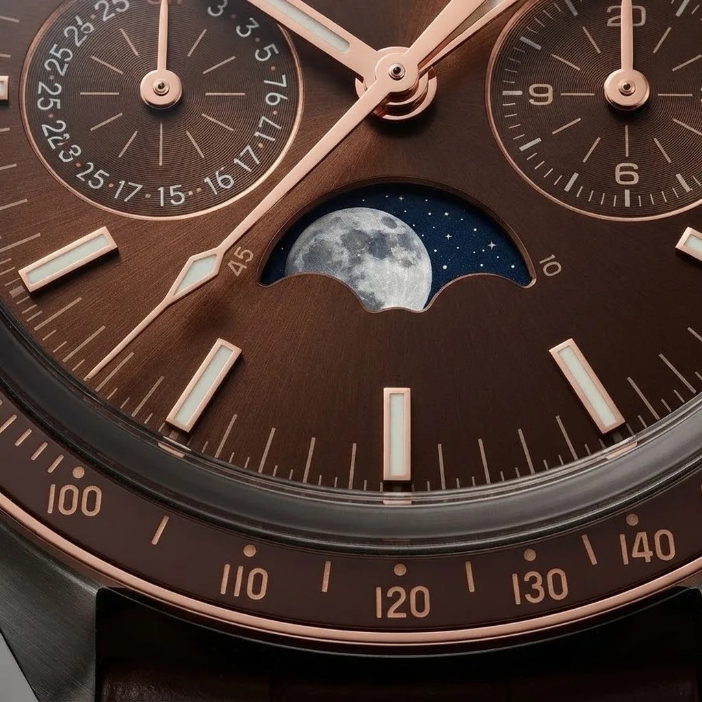 Illustrative render — what omega put on the dial of the Omega Speedmaster Moonphase Co-Axial Master Chronometer 304.23.44.52.13.001 (steel and Sedna gold, brown dial, alligator strap)