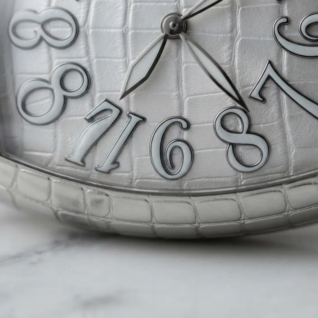 Illustrative render — two signatures at once of the Franck Muller Casablanca Crazy Hours Iron Croco 8880 CH IRON CRO (steel, crocodile-relief case and dial, white alligator strap)