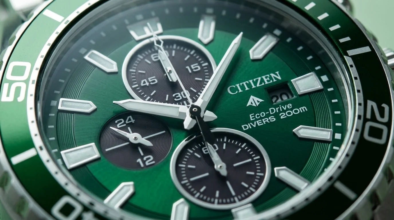 Illustrative render — two jobs, one case of the Citizen Promaster Dive Chronograph CA0820