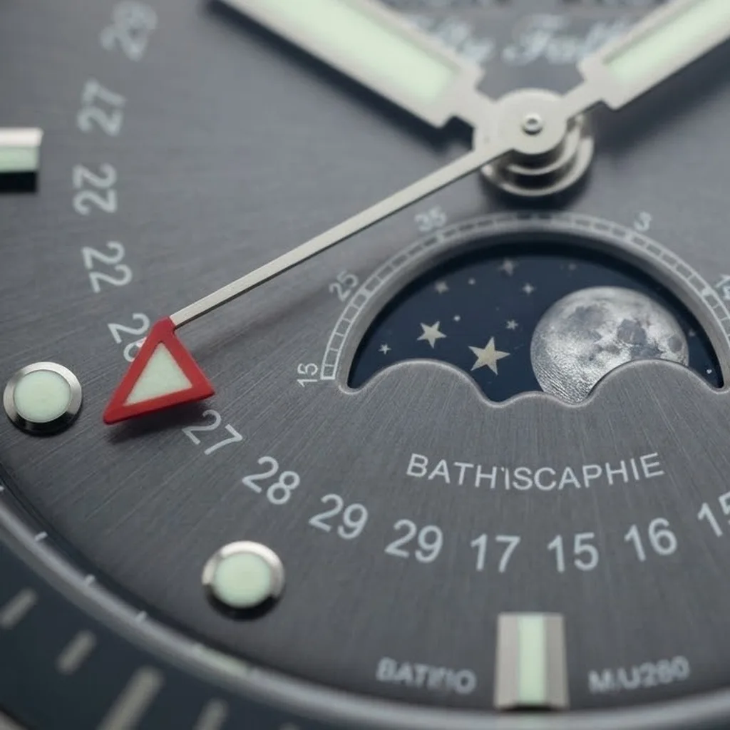 Illustrative render — why put a calendar on a dive watch of the Blancpain Fifty Fathoms Bathyscaphe Quantieme Complet Phases de Lune 5054-1110-B52A (steel, grey dial, sail-canvas strap)