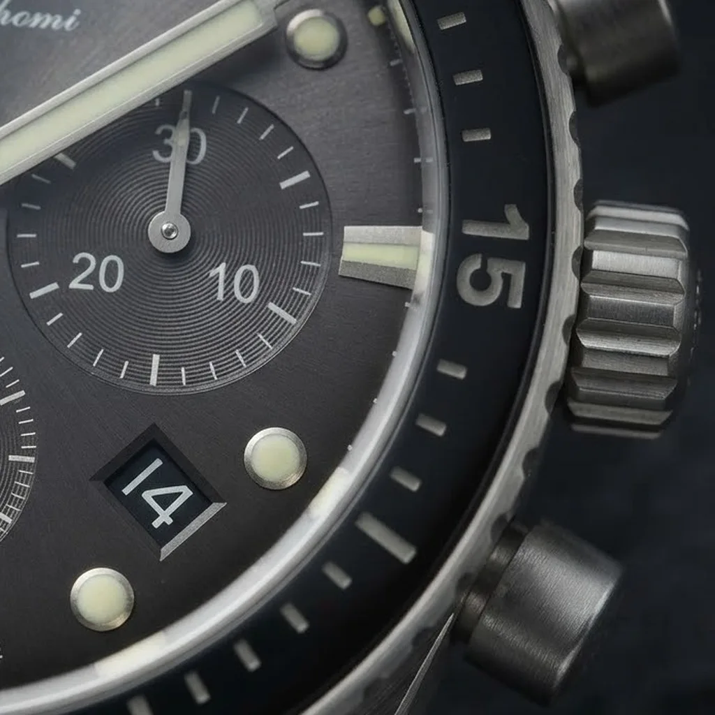 Illustrative render — what the f385 does of the Blancpain Fifty Fathoms Bathyscaphe Chronographe Flyback 5200-1110-NABA (steel, meteor grey dial, NATO strap)