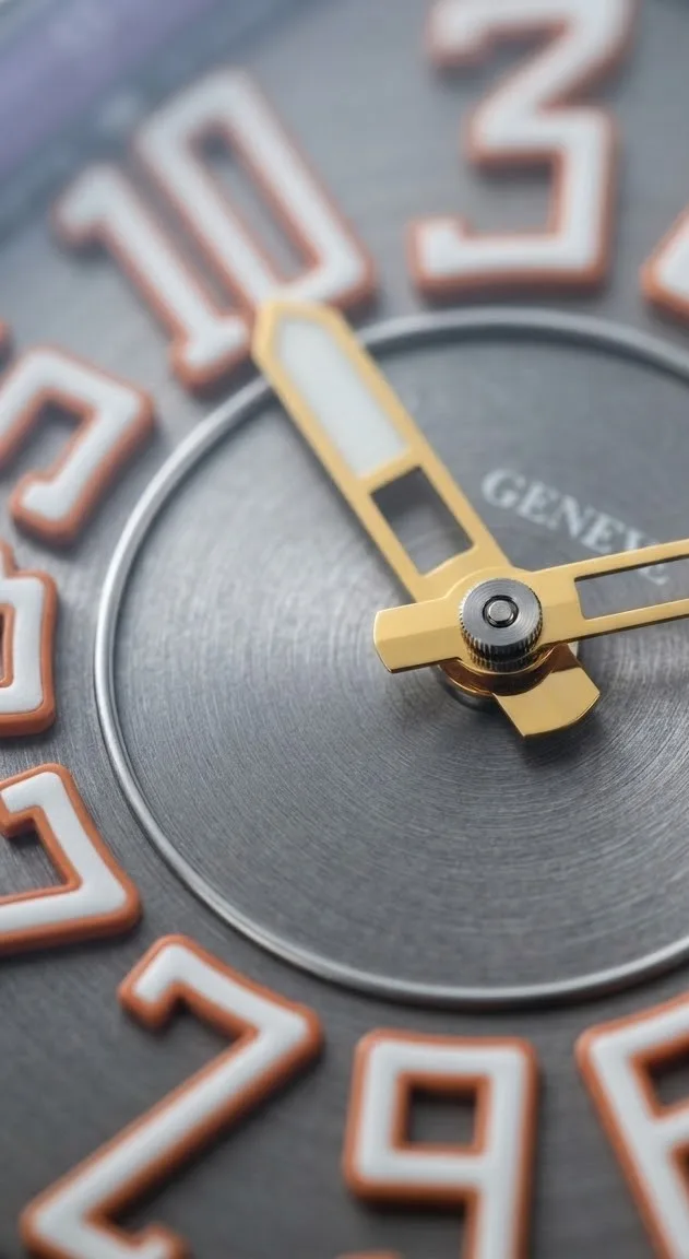 Illustrative render — how a jumping hour hand works of the Franck Muller Vanguard Crazy Hours V 45 CH TT (titanium, grey dial, orange-outlined numerals, purple flange, purple alligator-grain strap)